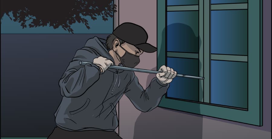 Illustration of burglar forcing entry through a window in Virginia Beach
